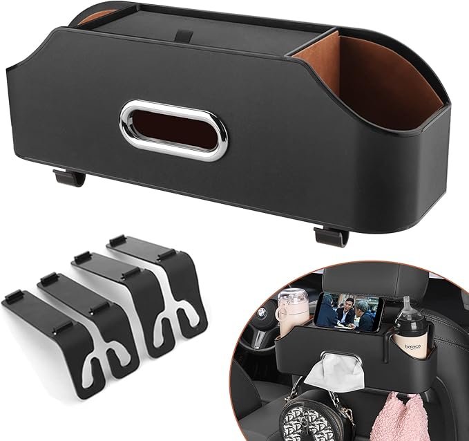 HALOYIVGO Car Seat Back Organizer - Stylish & Functional Storage for Family Adventures - Cup Holders, Tissue Box & Hooks - Perfect for Kids, Road Trips & Travel (Black)
