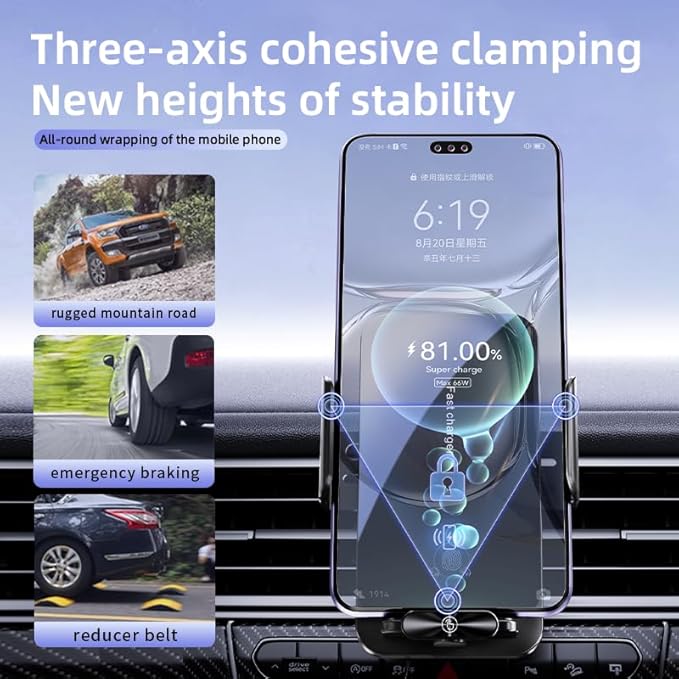 Magnetic Phone Holder Car Wireless Charger, 66W Fast Charging Phone Mount 360 Adjustable Rotatable Auto-Clamping Car Vent for Mount - Dashboard Phone Holder for iPhone/Android/Samsung (Black)