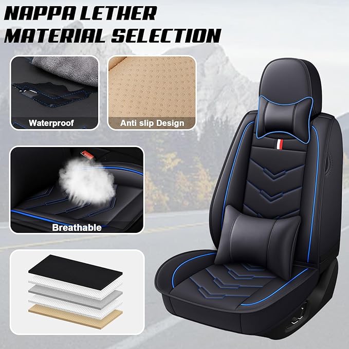 MVRVMV Luxury Car Seat Covers for Honda Pilot 2010-2026, Nappa Leather Auto Seat Cover with 2 Neck Pillows and 2 Lumbar Supports (2 Seat Luxury, Black-Blue)