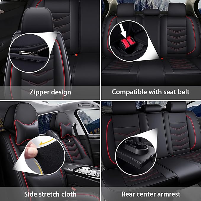 MVRVMV Luxury Car Seat Covers for Honda Pilot 2010-2026, Wear-Resistant Front and Rear Seat Cover with 2* Neck Pillow and 2* Lumbar Support (8 Seat Luxury, Black-Red