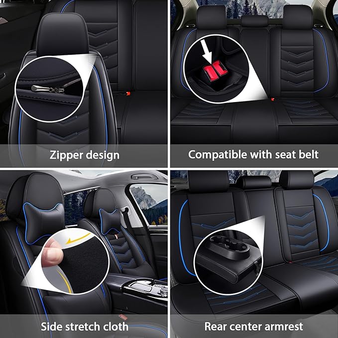 MVRVMV Luxury Car Seat Covers for Honda Pilot 2010-2026, Nappa Leather Auto Seat Cover with 2 Neck Pillows and 2 Lumbar Supports (2 Seat Luxury, Black-Blue)