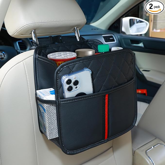 Car Seat Back Organizer with Storage Pockets, 2 Pack Multi Hanging Car Seat Organizer Backseat Car Organizer, Leather Backseat Car Organizer for Kids & Adults with Cup Holders Car Travel Accessories