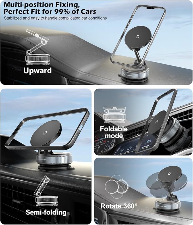 CloudValley 15W Wireless Fast Charging Car Phone Mount, Nano Gel Vacuum Suction Magnetic Phone Holder, 360° Adjustable Car Mount for iPhone 17/16/15/14/13, Strong Grip on Rough Surfaces