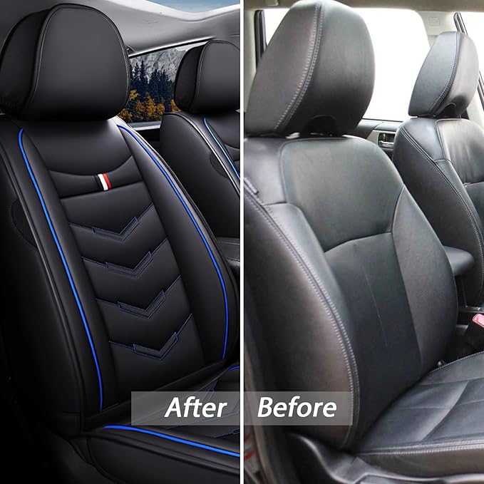 MVRVMV Seat Covers for Ford Mustang 2006-2026, Waterproof Leather Auto Seat Cover (2 Seat Standard,Black-Blue)