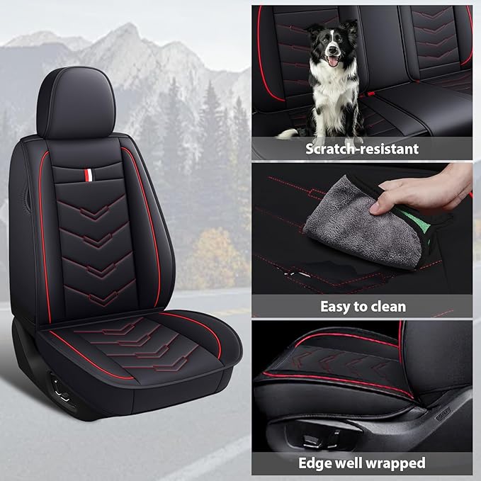 MVRVMV for Ford Mustang 2006-2026 Seat Covers, Waterproof Leather Seat Cover (5 Seat Standard,Black-Red)