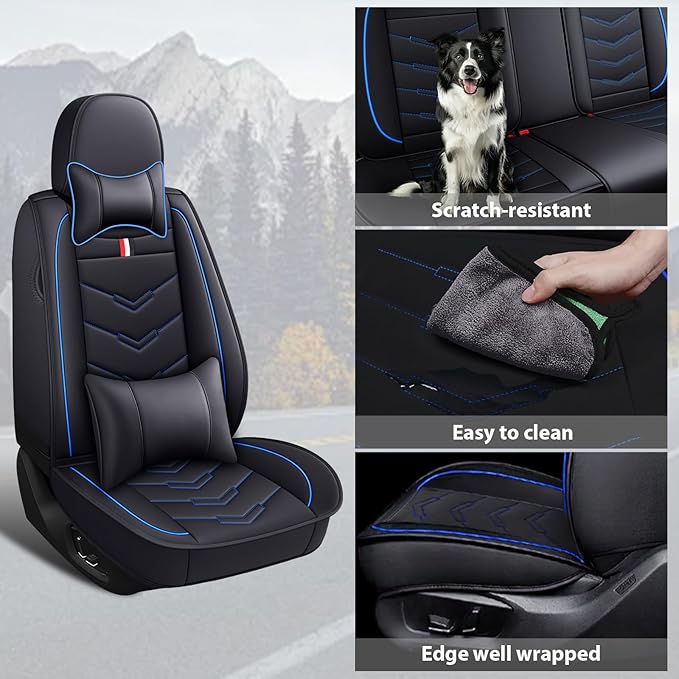 MVRVMV Car Seat Covers for Ford Explorer 2012-2026, Waterproof & Wear-Resistant Front and Rear Seat Protectors with 2* Neck Pillow and 2* Lumbar Support (7 Seat Luxury, Black-Blue
