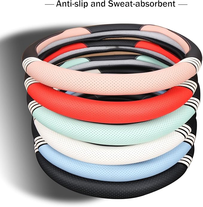 Cute Leather Car Steering Wheel Cover for Women Men Breathable Universal 15 inch Universal,Black and Pink